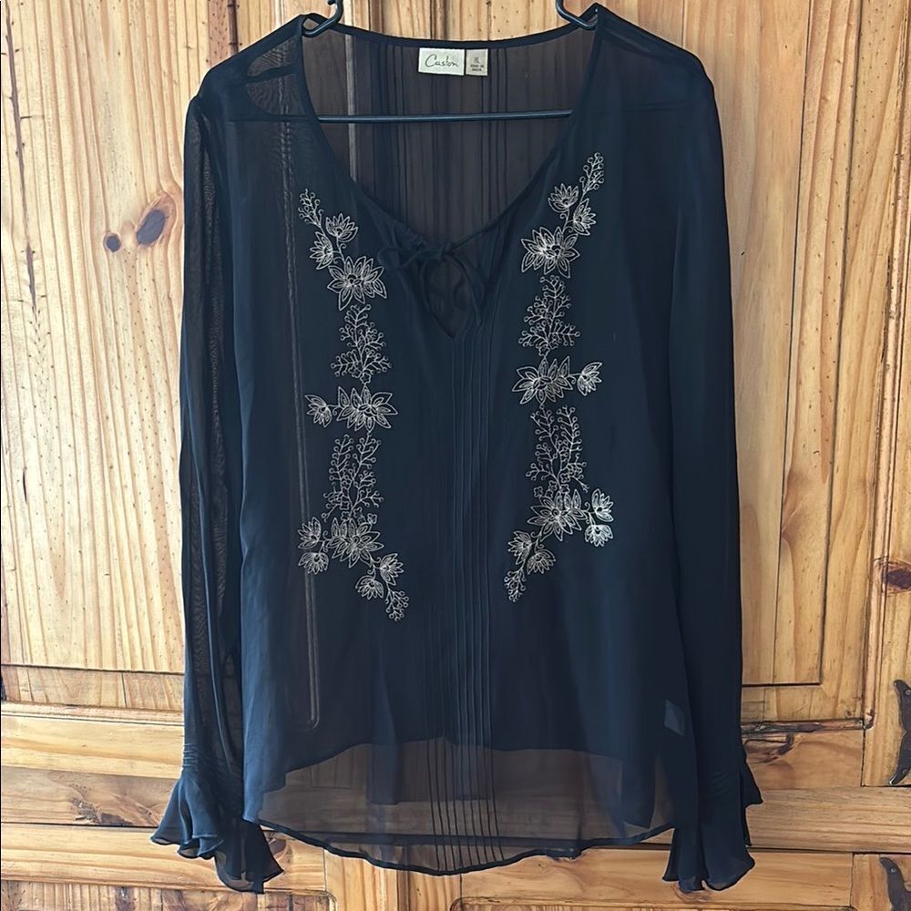 Caslon Sheer Beaded and Embroidered Blouse